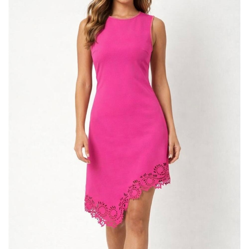Clover Canyon Sleeveless Neoprene Midi Dress Floral Laser Cut Sheath, Pink